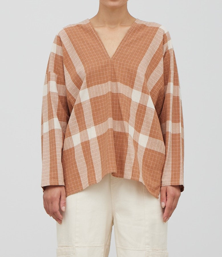 PLAID V-NECK COTTON BLOUSE