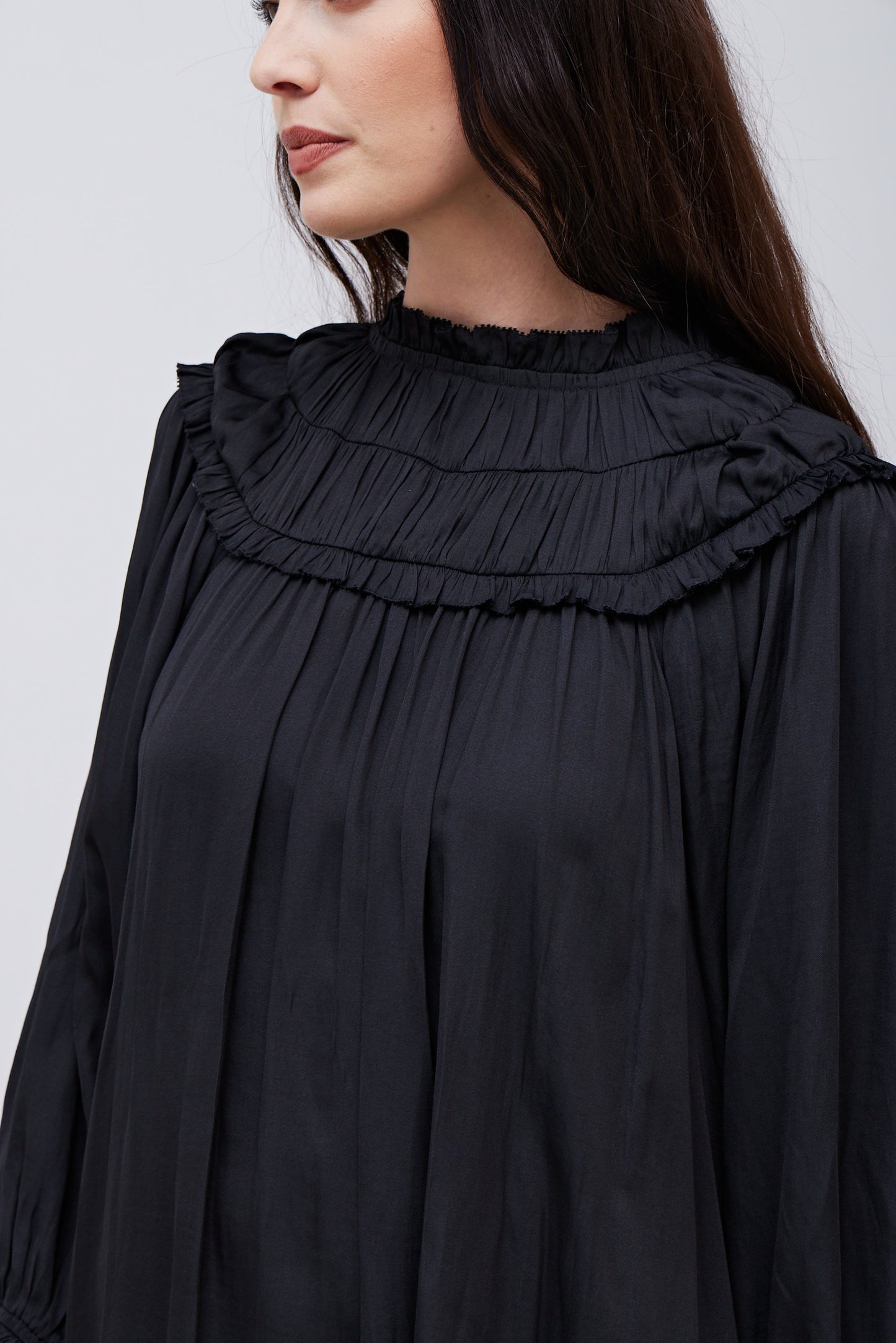 SMOCKED BIB SATIN DRESS