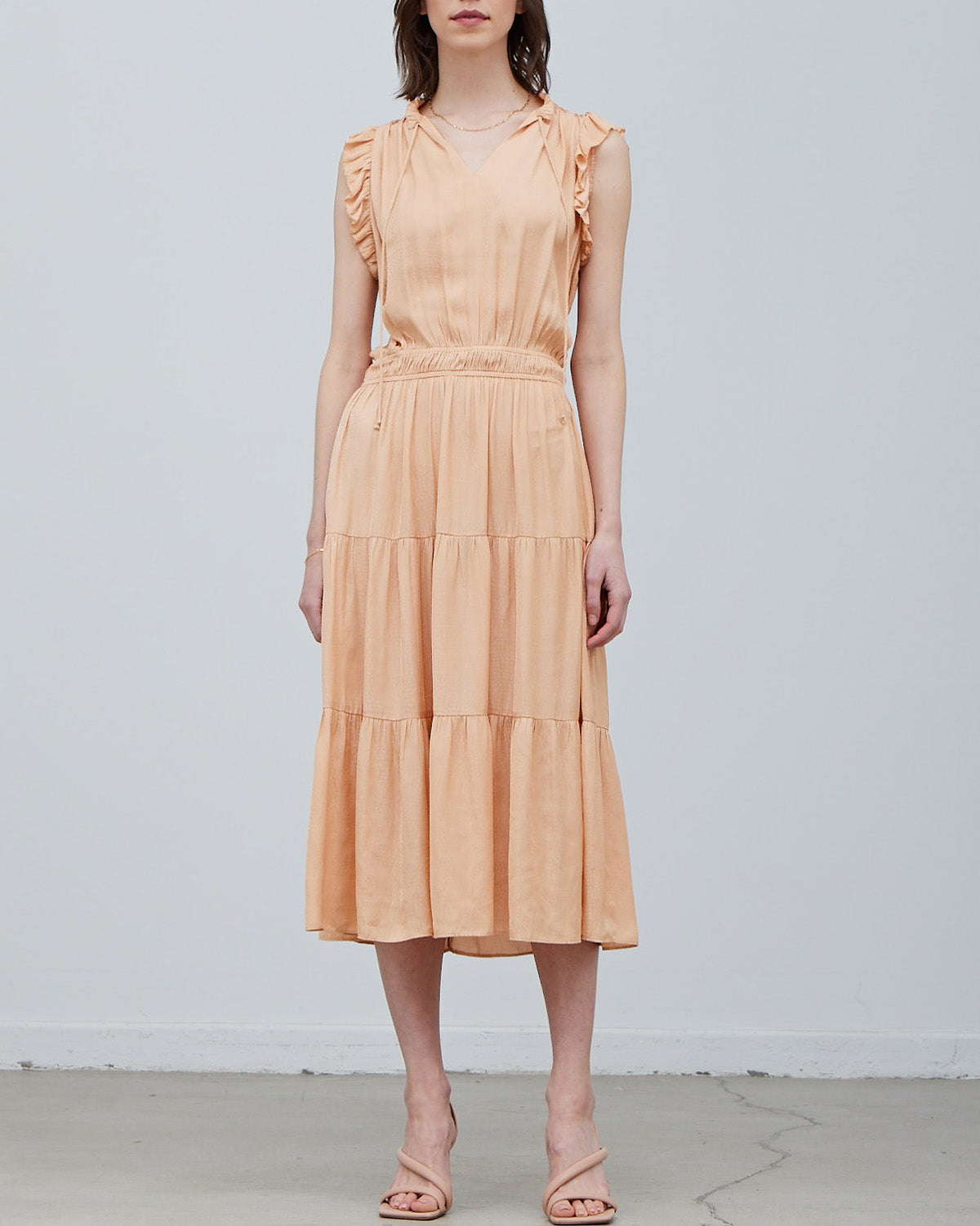 RUFFLE MIDI SATIN DRESS