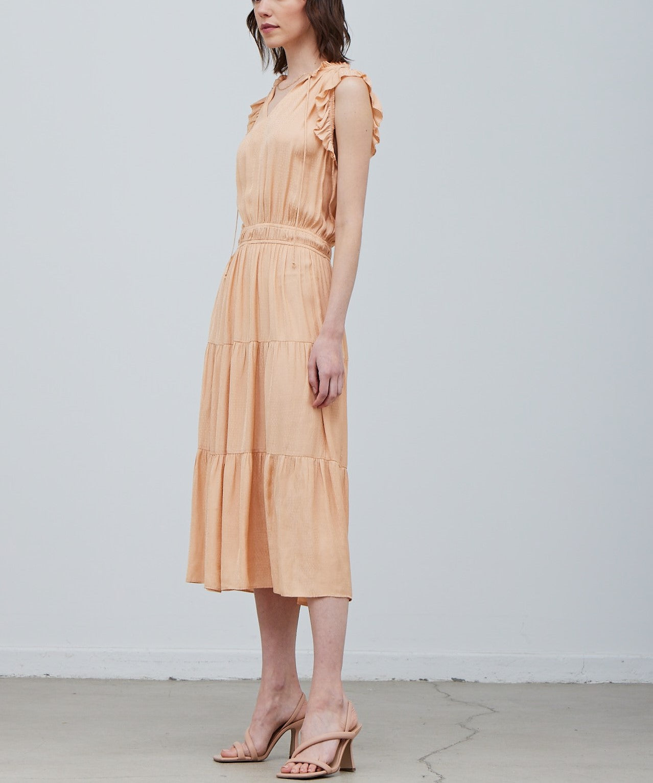 RUFFLE MIDI SATIN DRESS