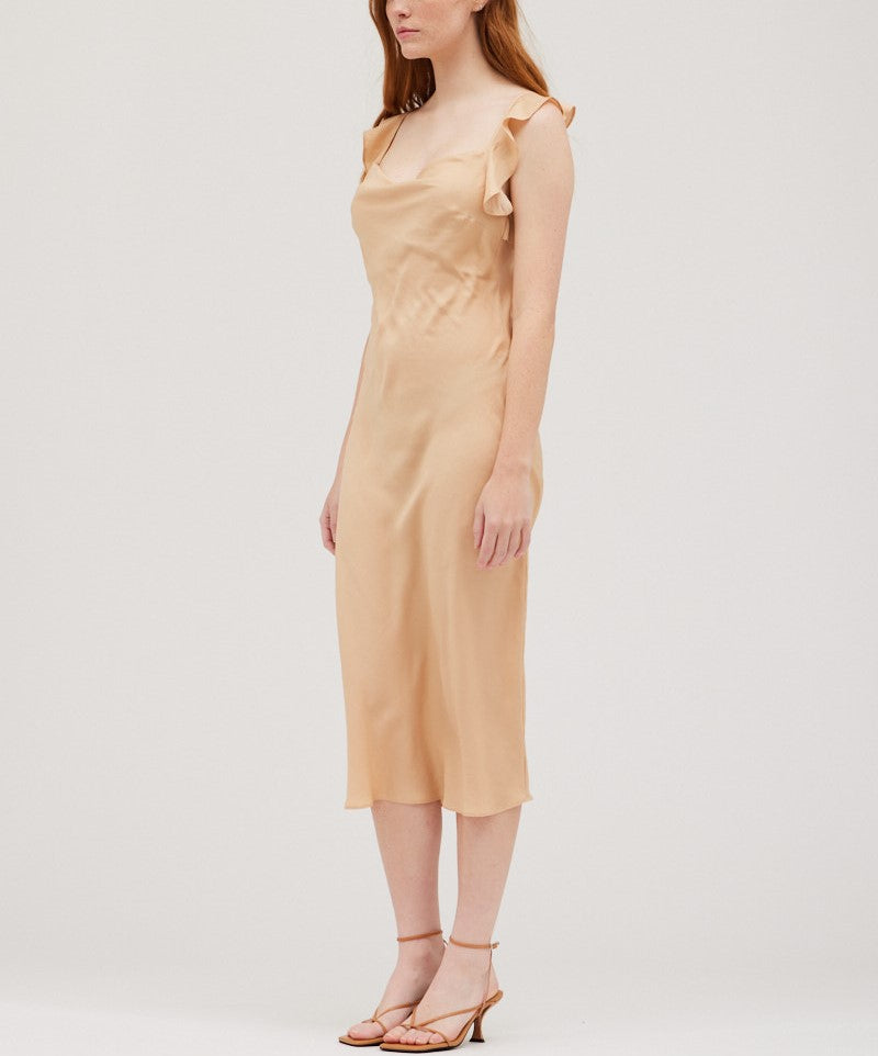 RUFFLE DETAIL SATIN SLIP DRESS