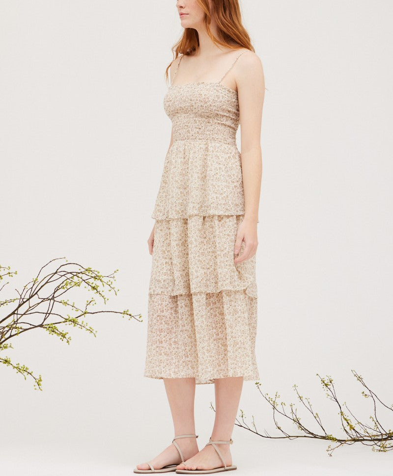 PRINTED SMOCKING TUBE MIDI DRESS