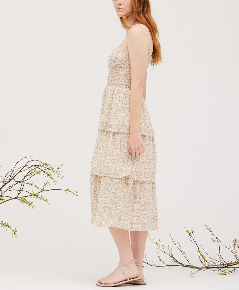 PRINTED SMOCKING TUBE MIDI DRESS