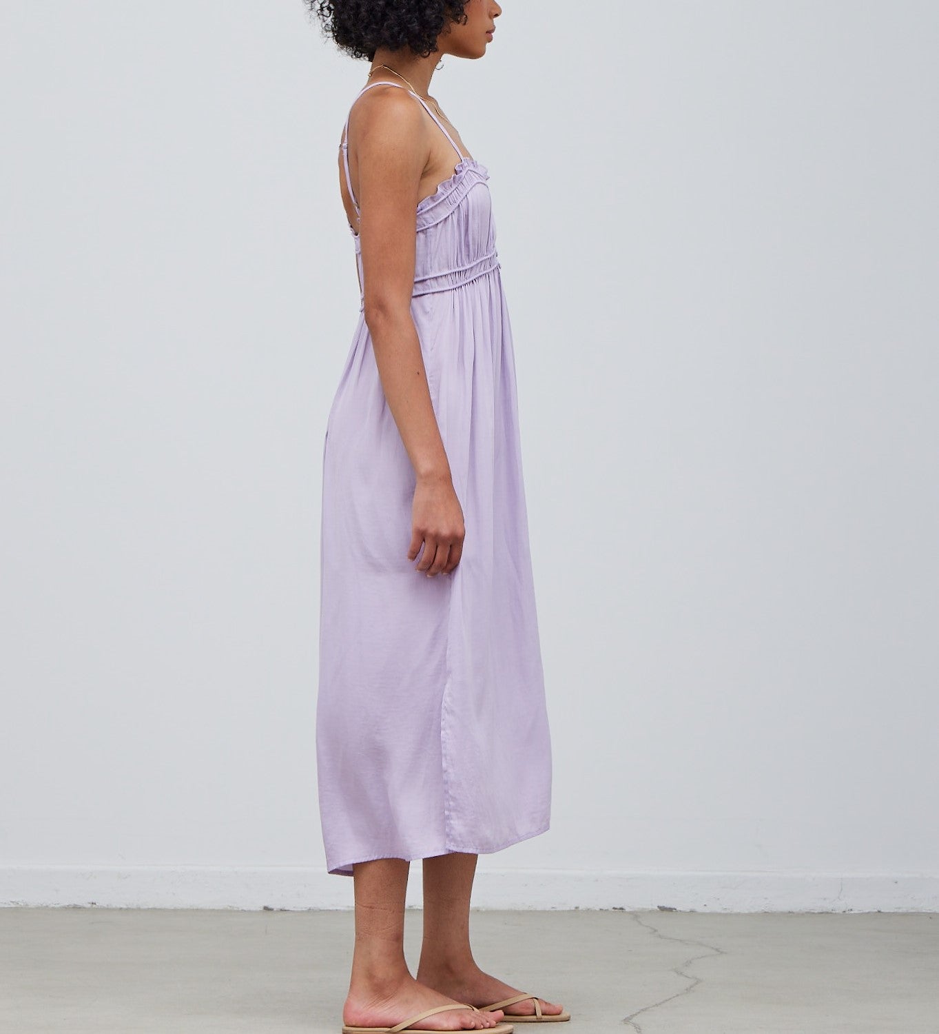 RUFFLE DETAIL MIDI SATIN DRESS