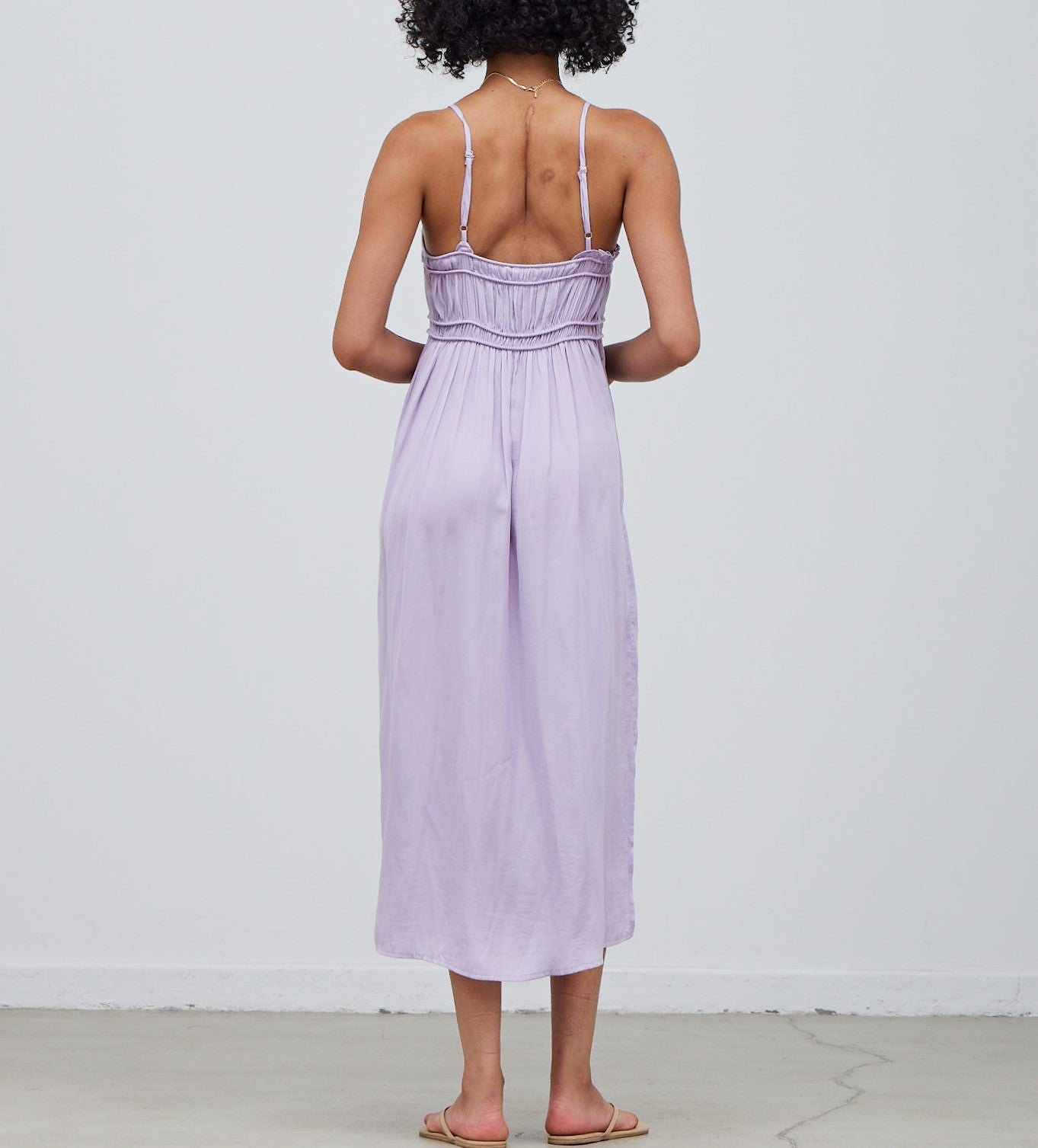 RUFFLE DETAIL MIDI SATIN DRESS