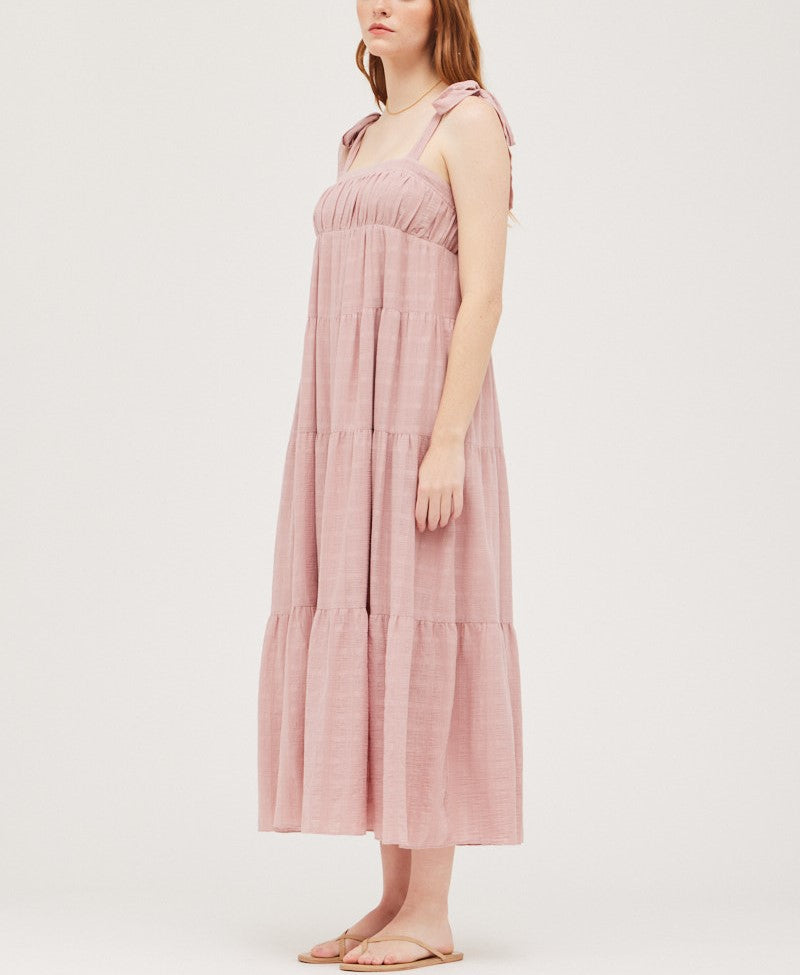 SHOULDER TIED TIERED MIDI DRESS