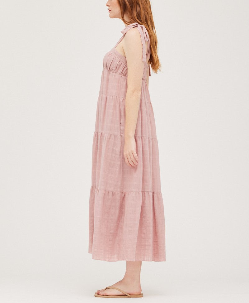 SHOULDER TIED TIERED MIDI DRESS