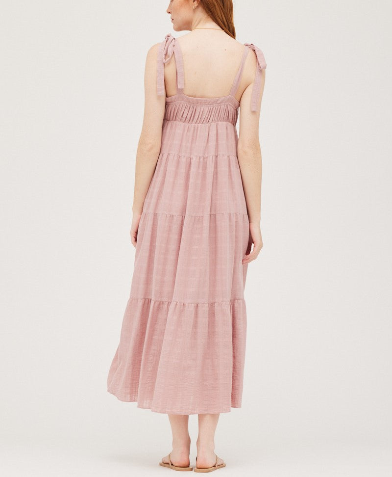 SHOULDER TIED TIERED MIDI DRESS