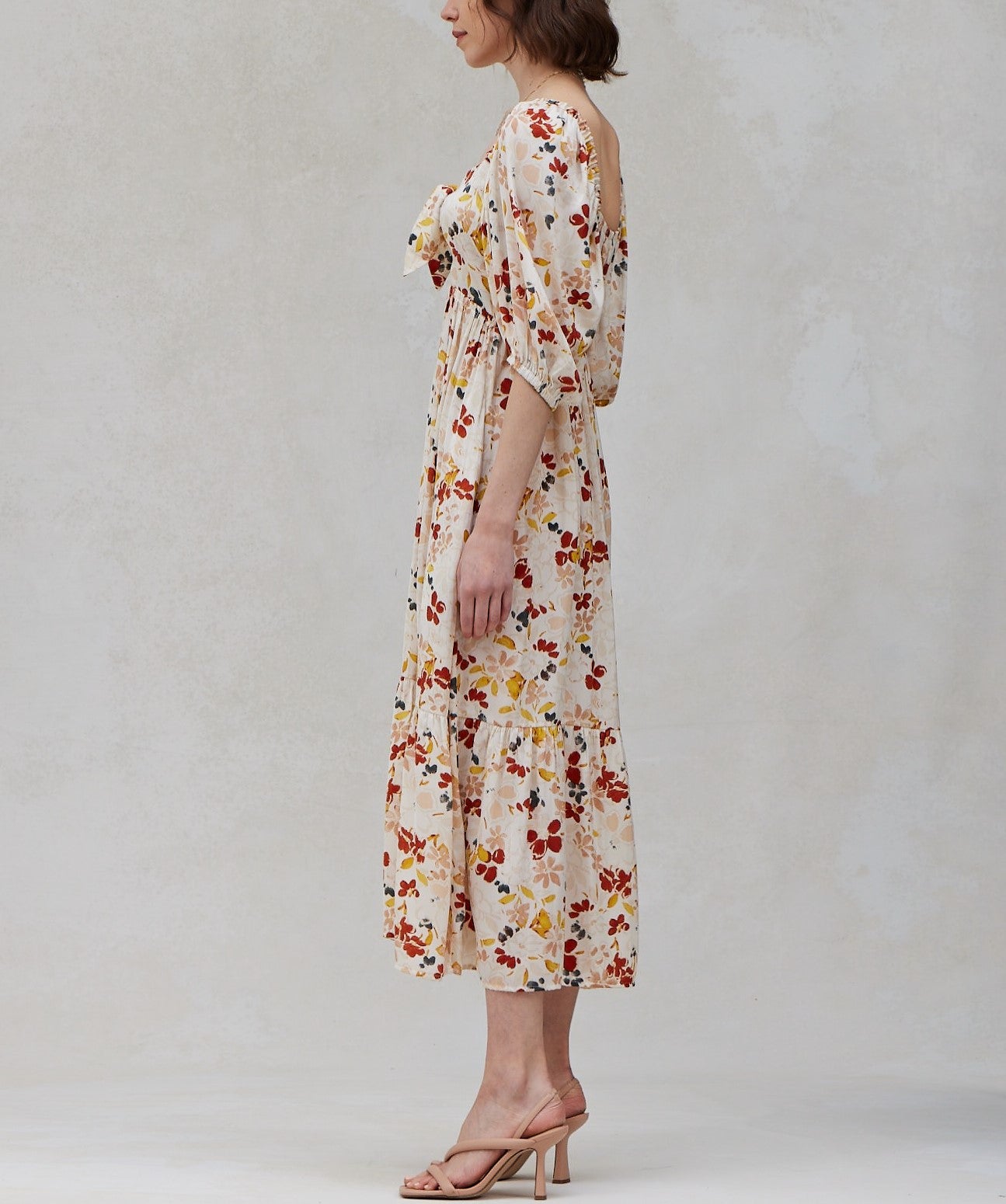 SATIN FLORAL FRONT TIE DRESS