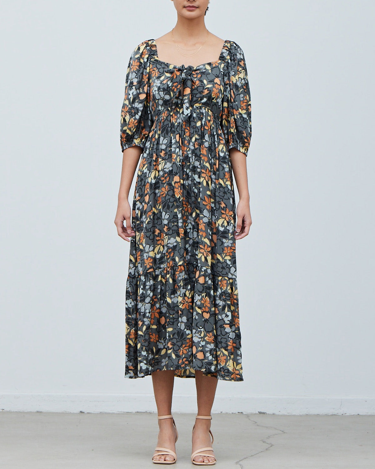 SATIN FLORAL FRONT TIE DRESS