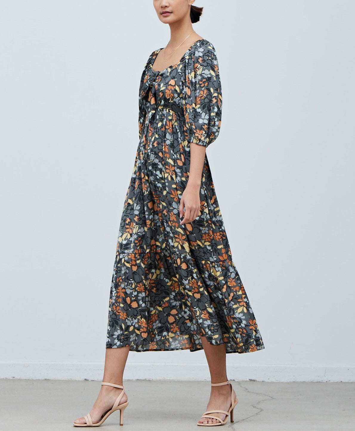 SATIN FLORAL FRONT TIE DRESS