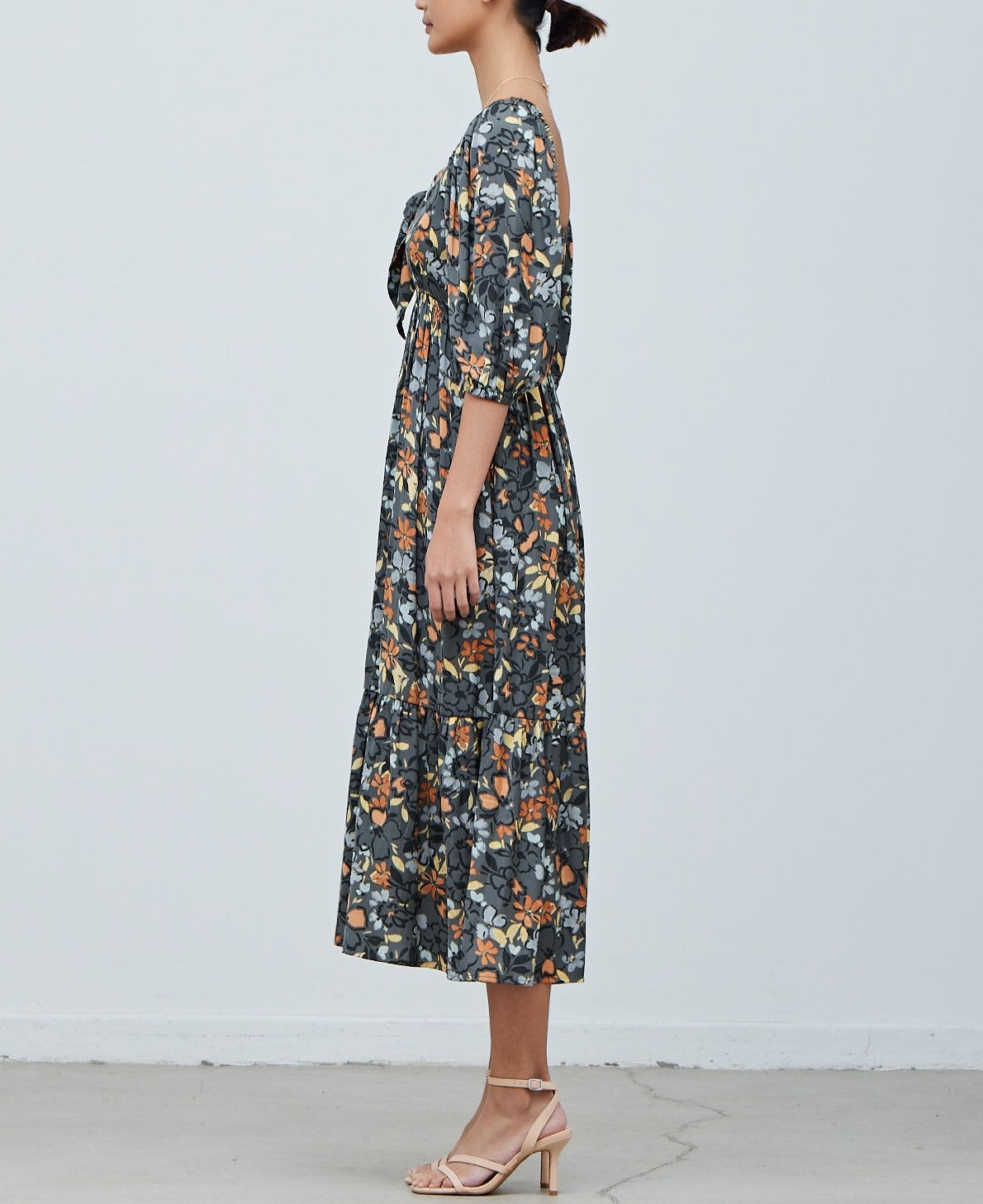 SATIN FLORAL FRONT TIE DRESS