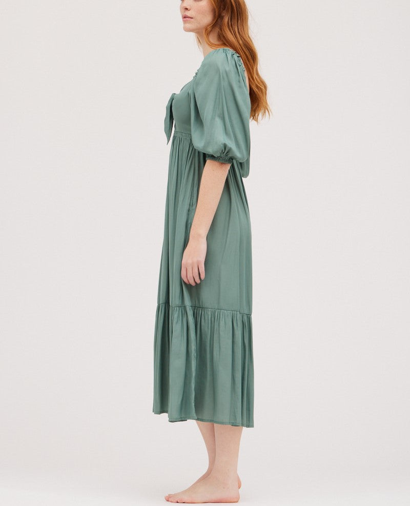 TIE FRONT SATIN MIDI DRESS