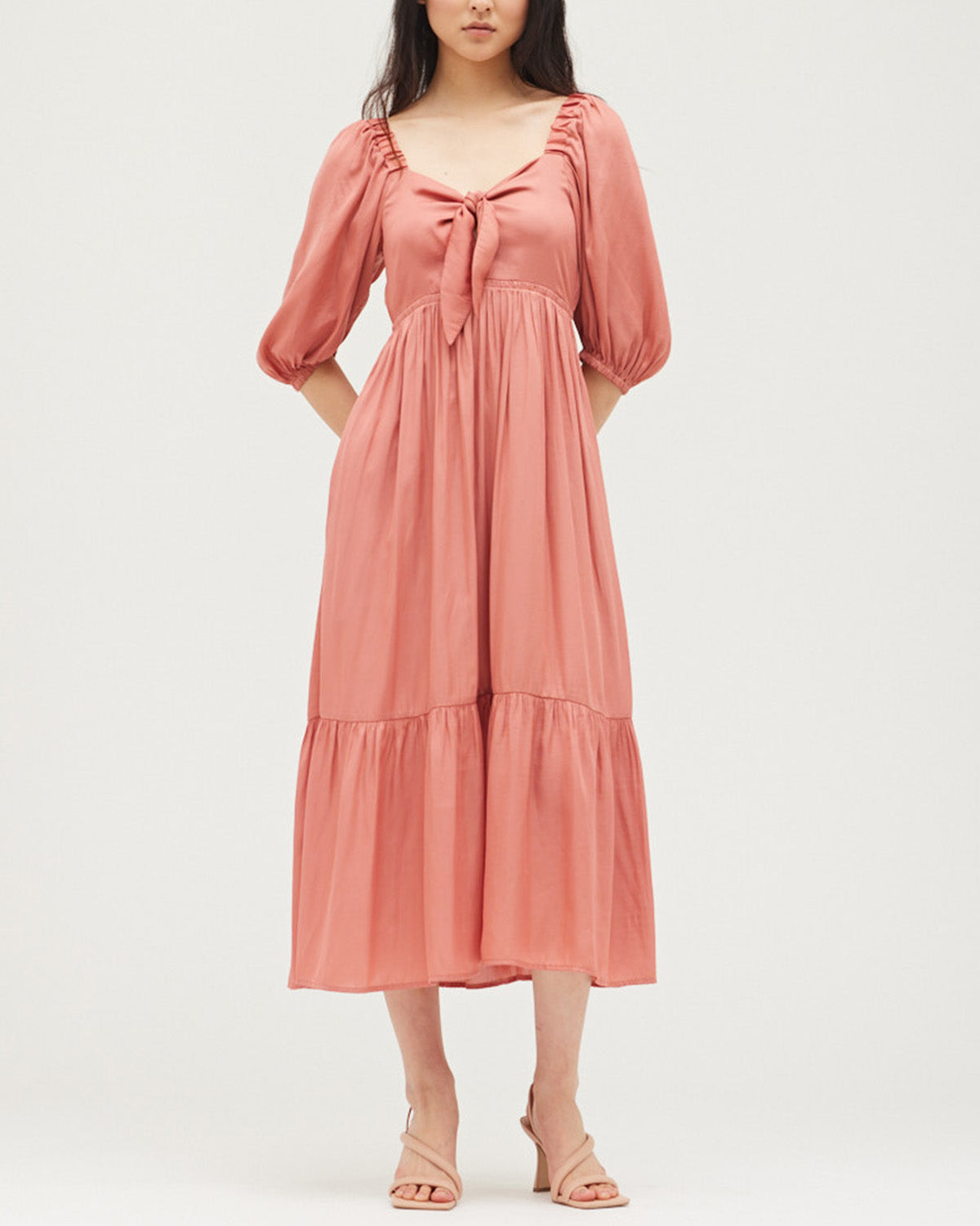 TIE FRONT SATIN MIDI DRESS