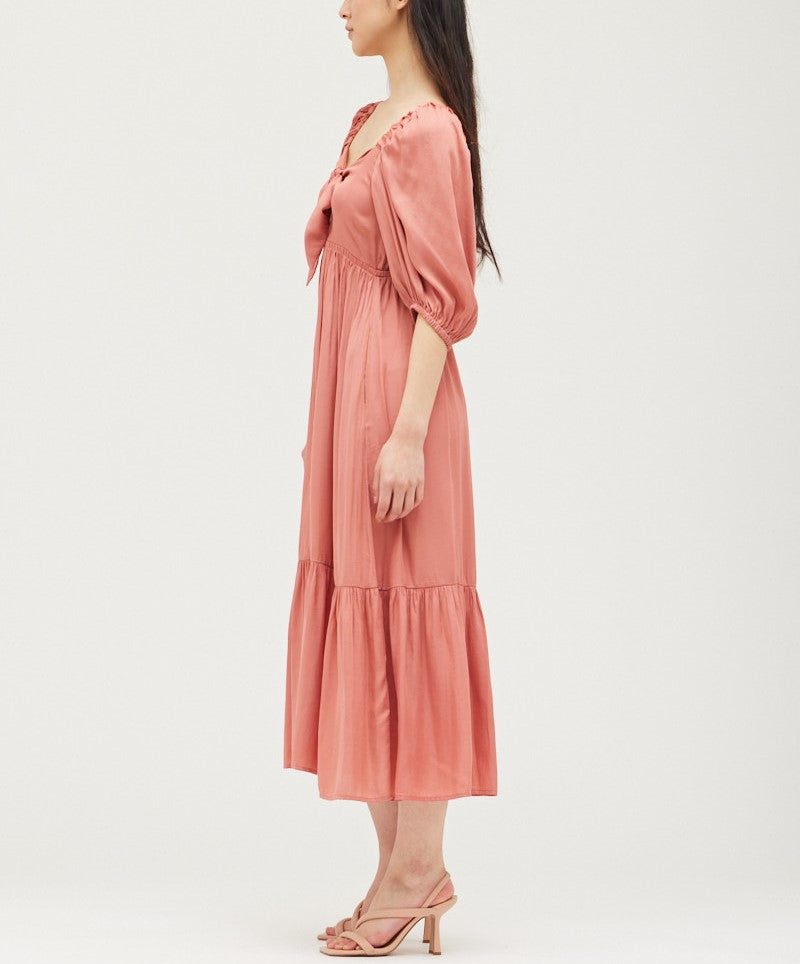 TIE FRONT SATIN MIDI DRESS