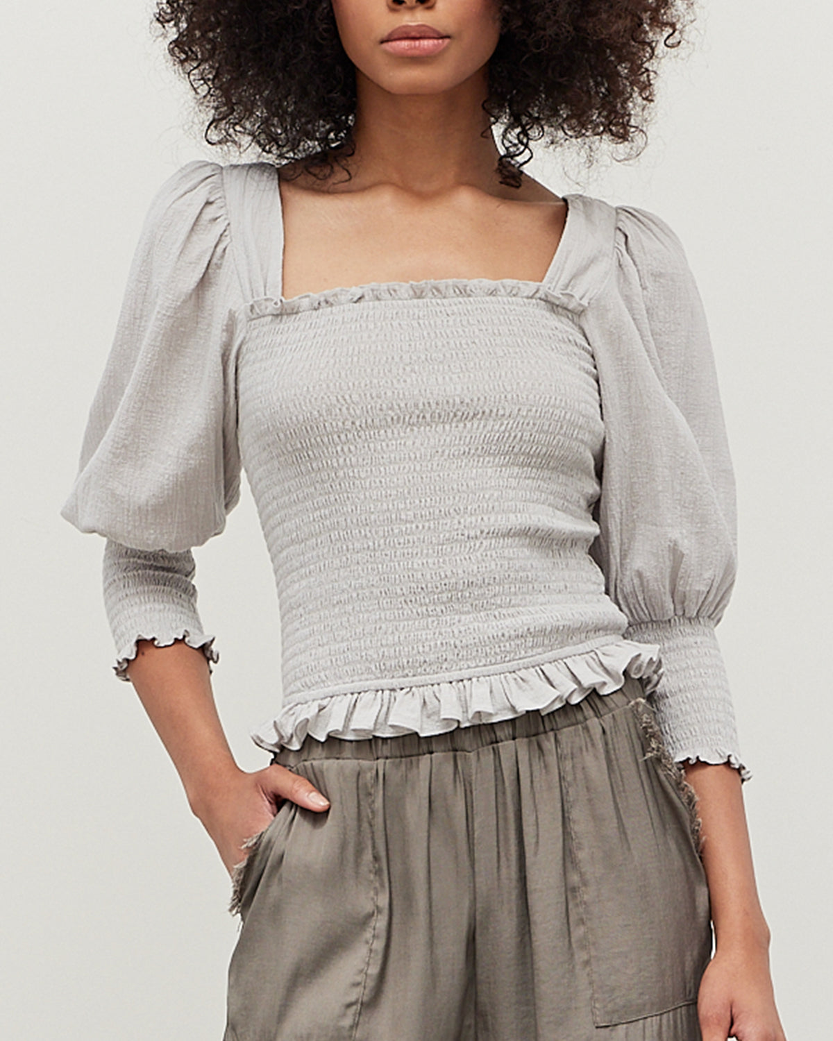 COTTON SMOCKED SQUARE NECK BLOUSE