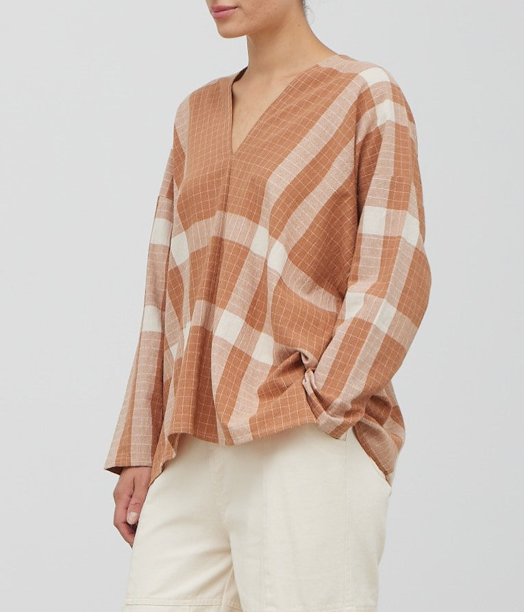 PLAID V-NECK COTTON BLOUSE