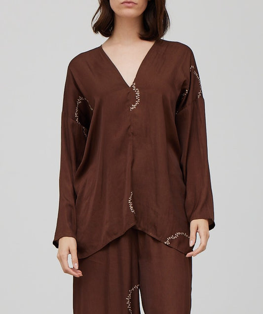 DOTTED CIRCLE SATIN V-NECK BLOUSE