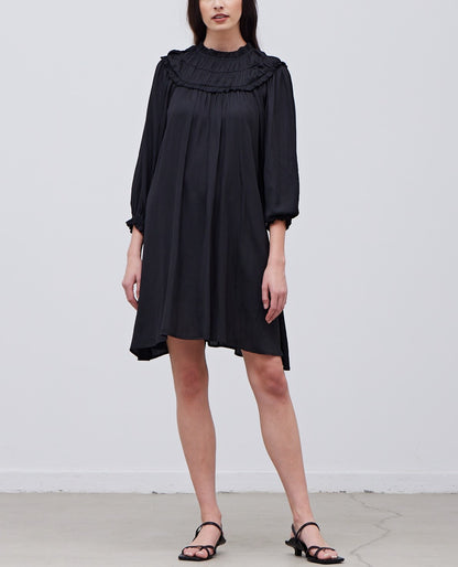 SMOCKED BIB SATIN DRESS
