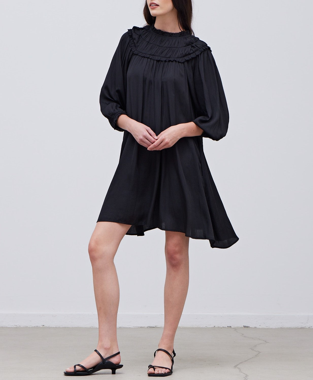 SMOCKED BIB SATIN DRESS