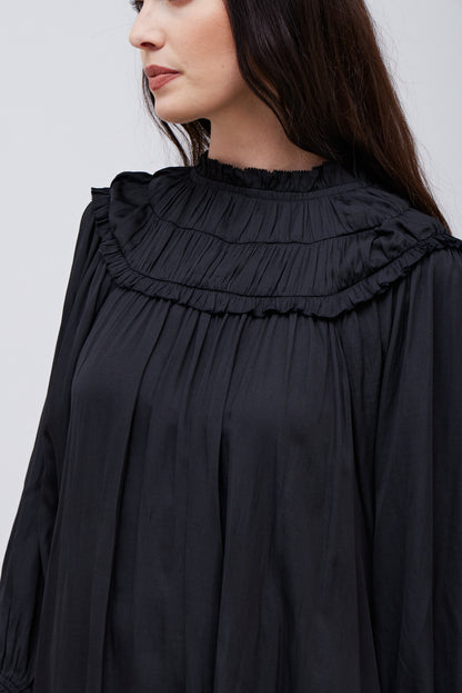 SMOCKED BIB SATIN DRESS