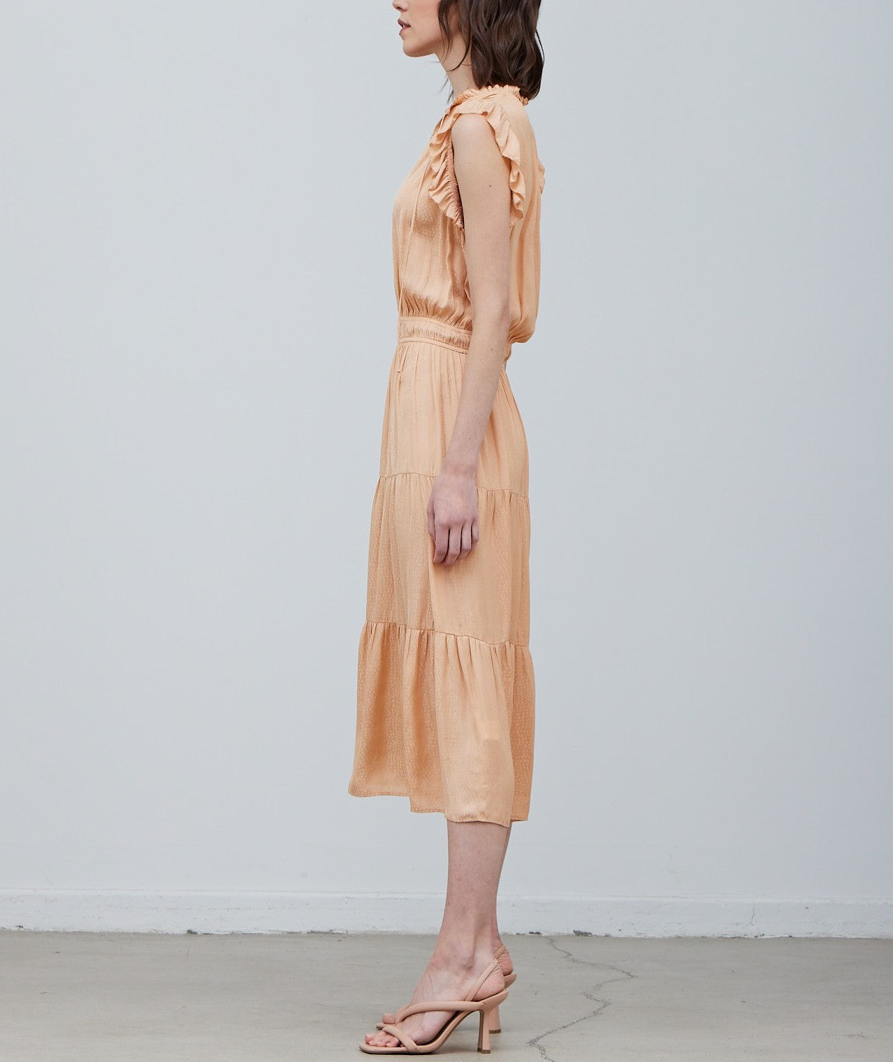 RUFFLE MIDI SATIN DRESS