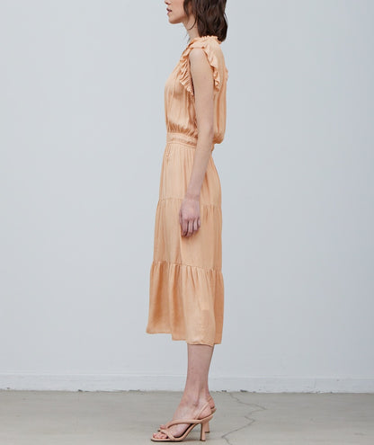 RUFFLE MIDI SATIN DRESS
