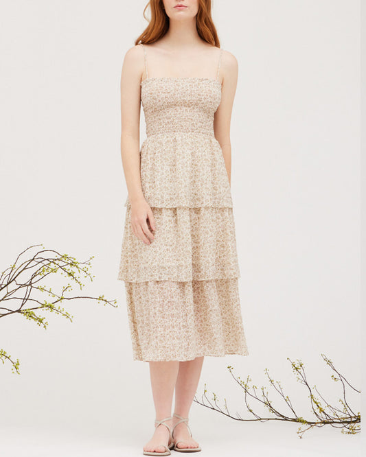 PRINTED SMOCKING TUBE MIDI DRESS