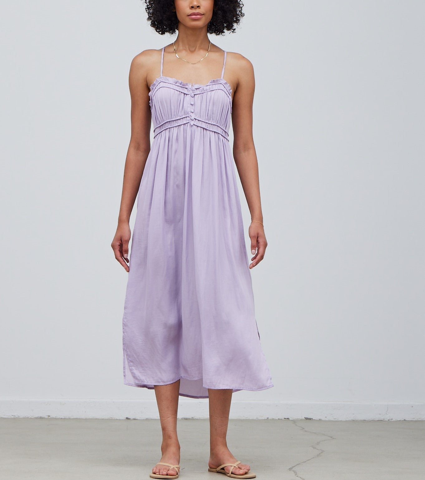 RUFFLE DETAIL MIDI SATIN DRESS