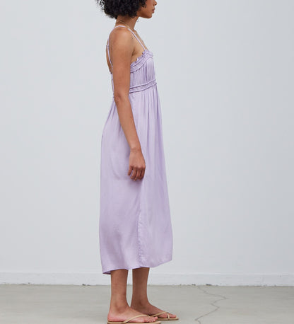 RUFFLE DETAIL MIDI SATIN DRESS