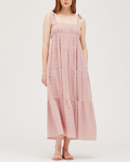 SHOULDER TIED TIERED MIDI DRESS