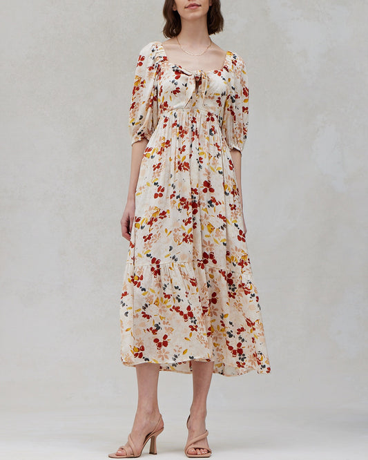 SATIN FLORAL FRONT TIE DRESS