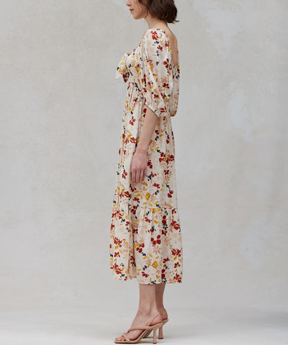 SATIN FLORAL FRONT TIE DRESS