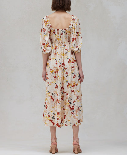 SATIN FLORAL FRONT TIE DRESS
