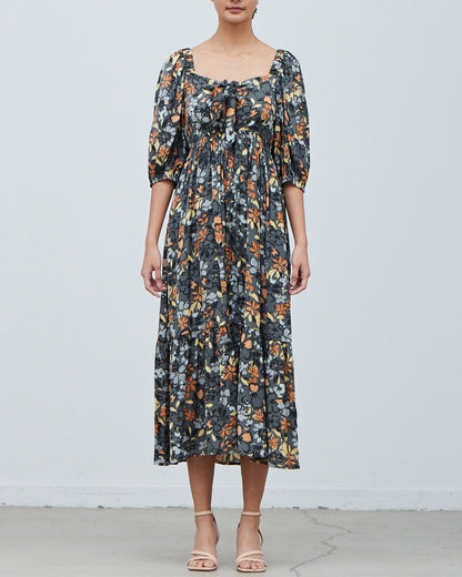 SATIN FLORAL FRONT TIE DRESS