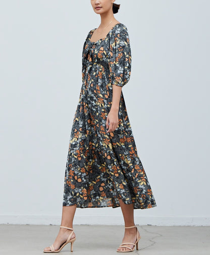 SATIN FLORAL FRONT TIE DRESS