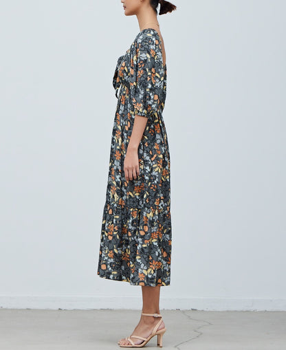 SATIN FLORAL FRONT TIE DRESS