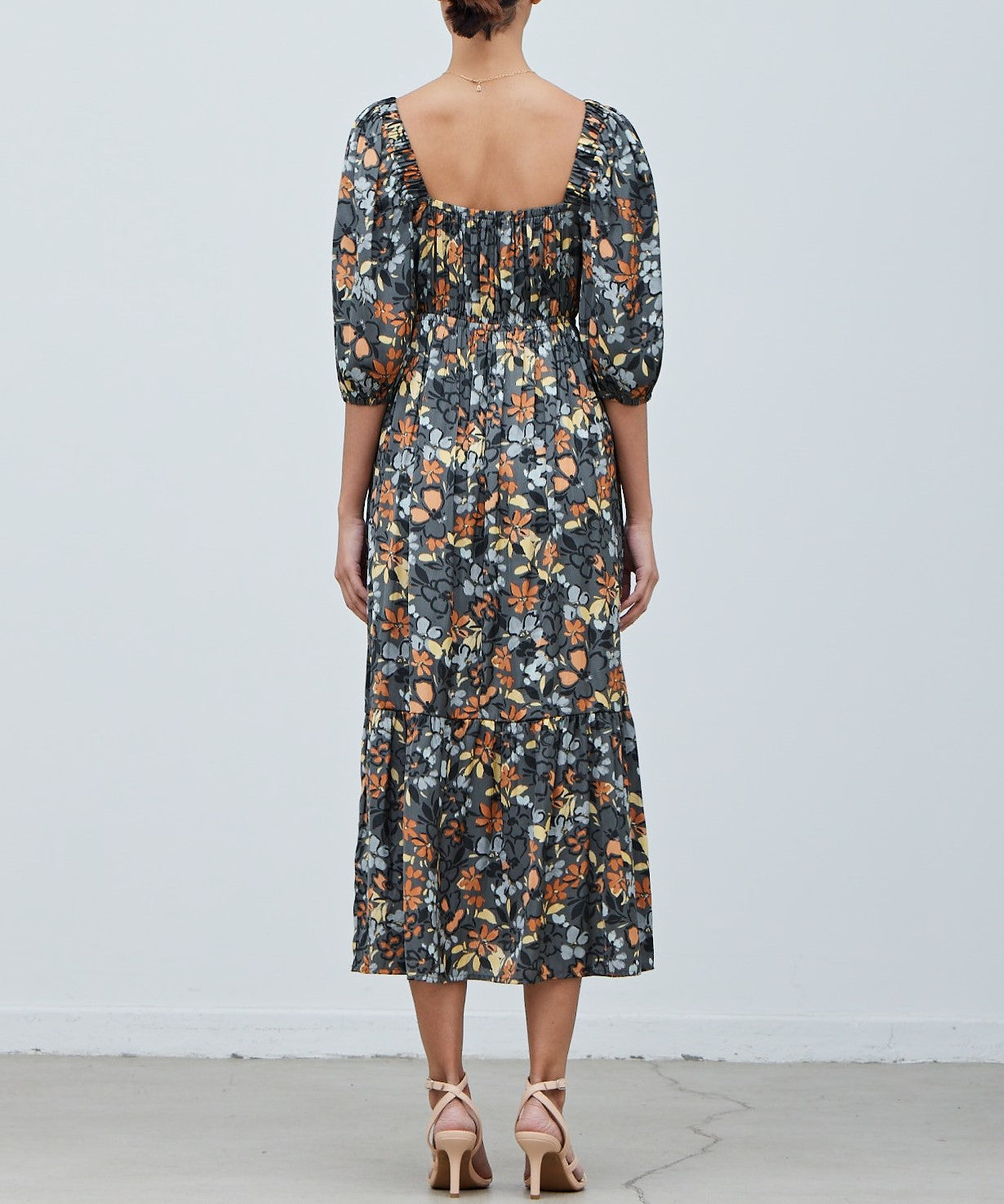 SATIN FLORAL FRONT TIE DRESS
