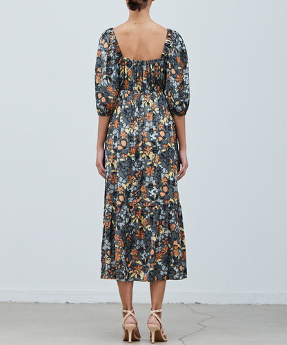 SATIN FLORAL FRONT TIE DRESS