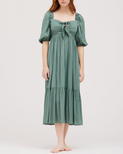 TIE FRONT SATIN MIDI DRESS