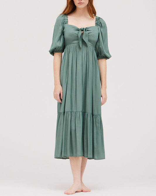 TIE FRONT SATIN MIDI DRESS