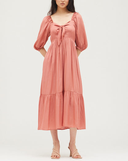 TIE FRONT SATIN MIDI DRESS